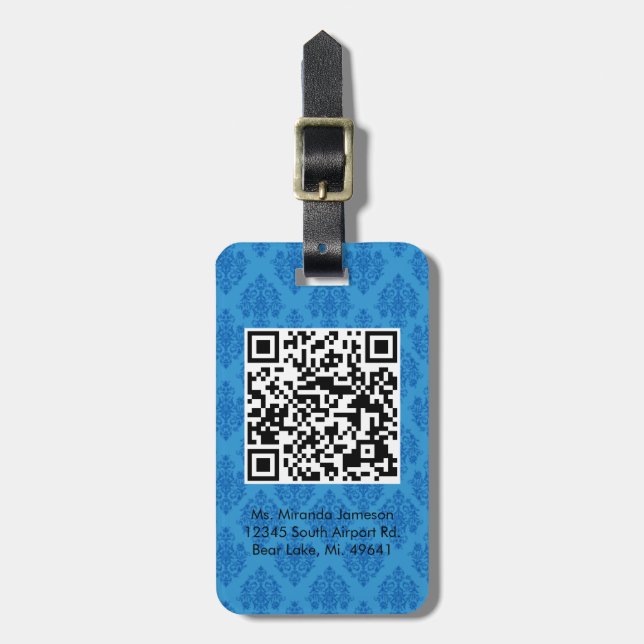 Blåttdamast QR KODIFIERAR den beställnings- Bagagebricka (Vertikal Framsida)