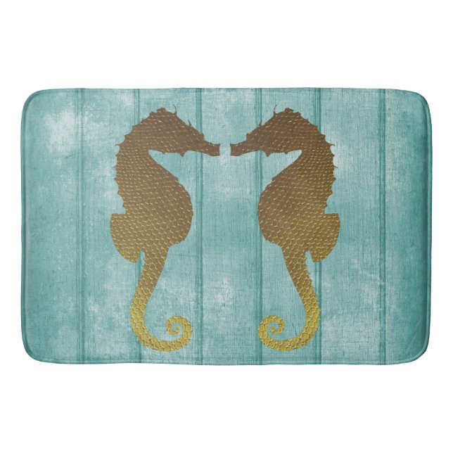 BlåttDriftwood med den guld- Seahorsesbadmattan Badrumsmatta (Framsidan)