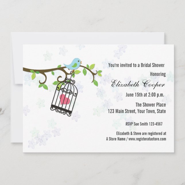 Blåttfågel, fågelbur, duschinbjudan inbjudningar (Framsida)