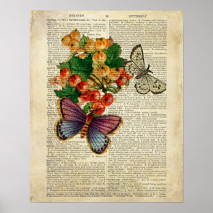 Blåttfjäril med röd blommavintagekonst poster