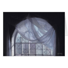 Blåttgardin i ett välvt fönster hälsningskort