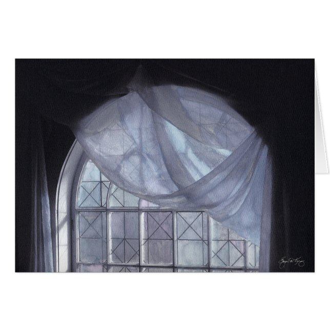 Blåttgardin i ett välvt fönster hälsningskort (Framsidan Horizontal)