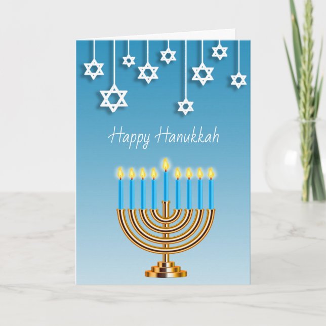 Blåttguld och vitmenoralycklig Hanukkah Kort (Framsida)