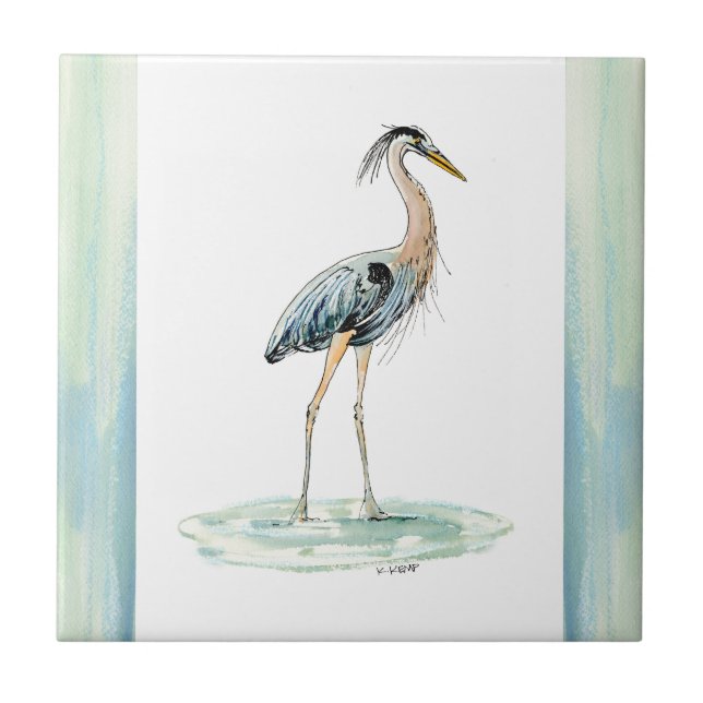 BlåttHeronvattenfärg Kakelplatta (Framsidan)