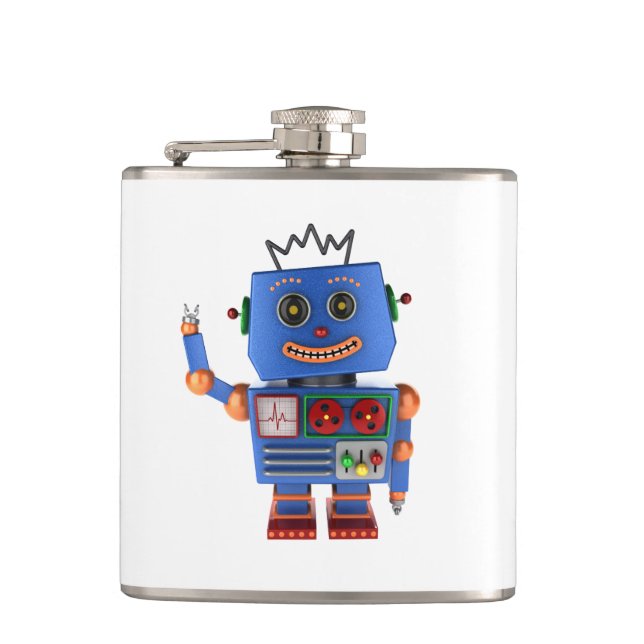 Blåttleksakrobot som vinkar hejer fickplunta (Framsidan)