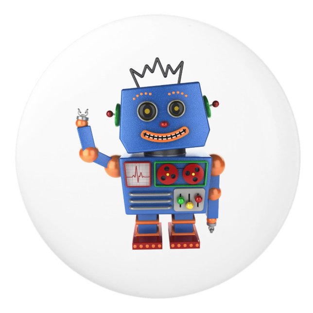 Blåttleksakrobot som vinkar hejer knopp (Framsidan)