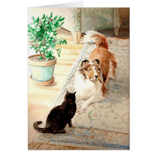 "Blåttmattan" - Sheltie & katt Hälsningskort (Framsidan)