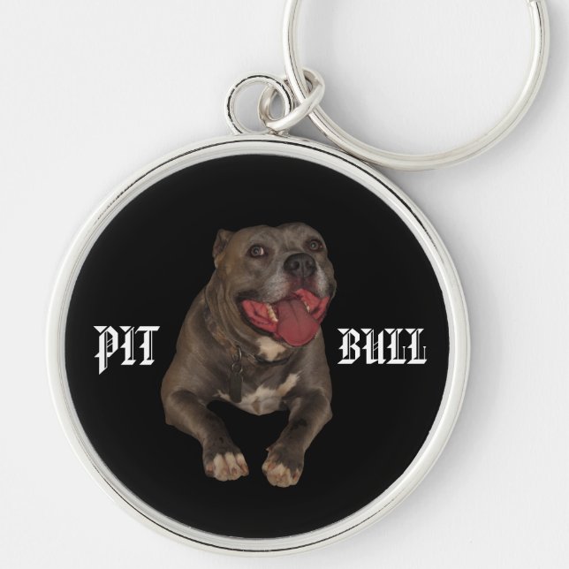 Blåttnäsa Pitbull Keychain Rund Silverfärgad Nyckelring (Framsidan)