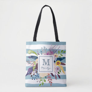 Blåttrandar, blom- vattenfärg målad Monogram Tygkasse