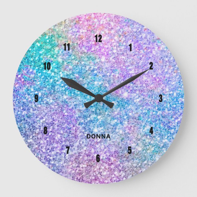 Blåttrosor och purpurfärgat färgfauxglitter stor klocka (Framsida)