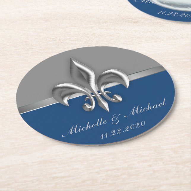 Blåttsilver Fleur de Lis Underlägg Papper Rund (Vinklad)
