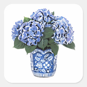 Blåttvanlig hortensia i en blom- keramisk kruka fyrkantigt klistermärke