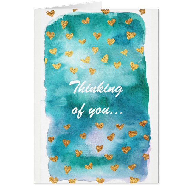 Blåttvattenfärg, med guld- Hearts. Hälsningskort (Framsidan)