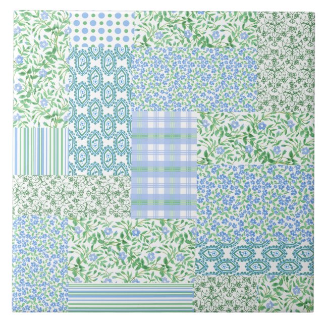 Blåttvintergrönaen blommar vintageFauxpatchworken Kakelplatta (Framsidan)