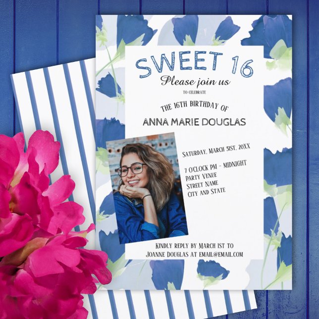 Blåtulipsvett 16 inbjudningar (blue tulips floral summer spring springtime sweet 16 sixteen party invitations, flowers, stripes)