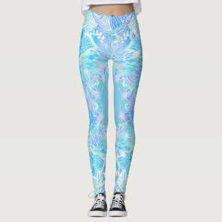 Blåturkos blommigt vattenfärgshanddragen mandala leggings