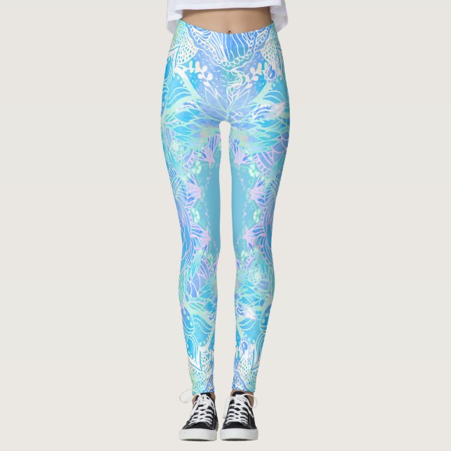 Blåturkos blommigt vattenfärgshanddragen mandala leggings (Framsida)