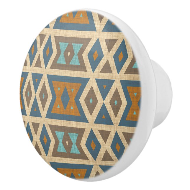 Blåturkos Teal Orange Tan Brown Tribal Art Knopp (Höger)