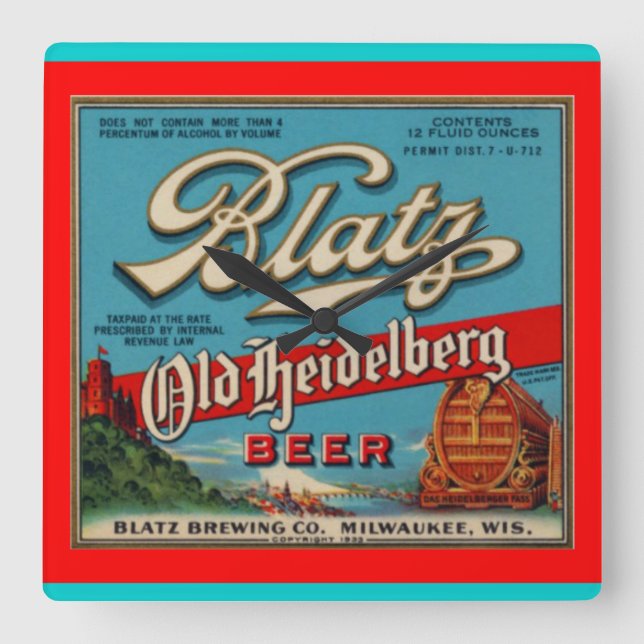 Blatz Old Heidelberg Beer Wall Clock Fyrkantig Klocka (Framsida)