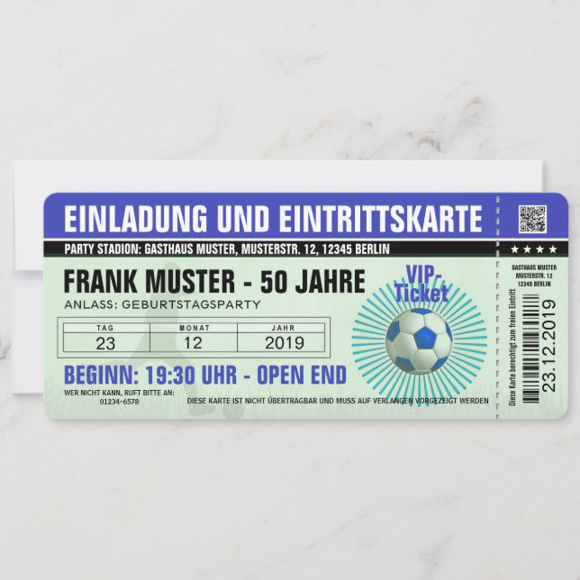 blaue Einladung und Eintrittskarte (Fußballticket) Inbjudningar (Framsida)