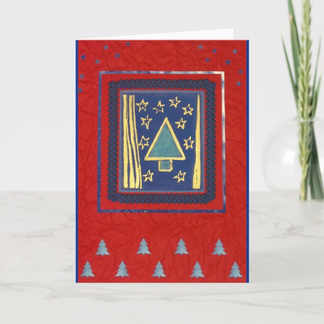 Blauer Weihnachtsbaum modern auf Rot Helgkort (Framsida)