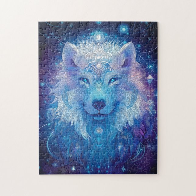 Blauer Wolf unter magischem Sternenhimmel Pussel (Vertikal)