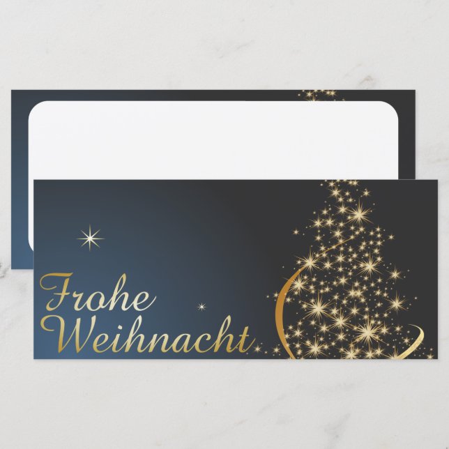 Blaues Weihnachtsmotiv mit goldenem Weihnachtsbaum (Fram/baksida)