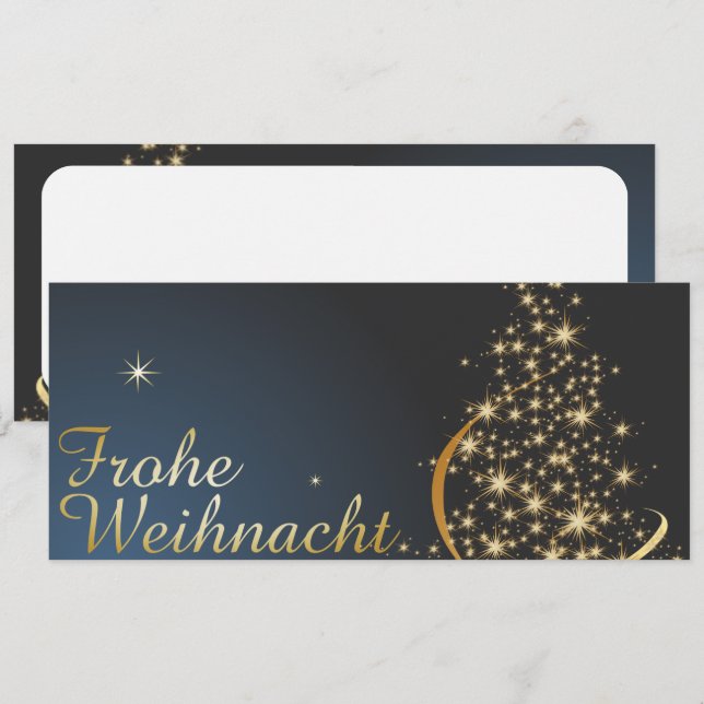 Blaues Weihnachtsmotiv mit goldenem Weihnachtsbaum (Fram/baksida)
