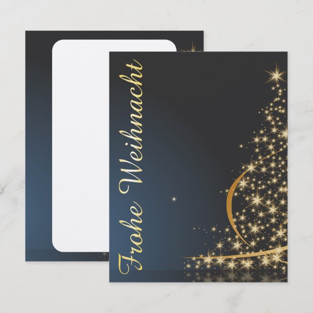 Blaues Weihnachtsmotiv mit goldenem Weihnachtsbaum Inbjudningar (Fram/baksida)