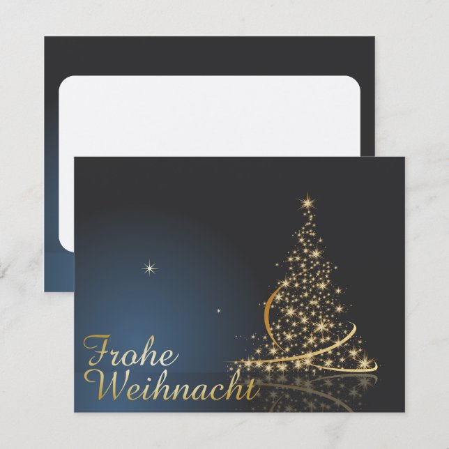 Blaues Weihnachtsmotiv mit goldenem Weihnachtsbaum Inbjudningar (Fram/baksida)