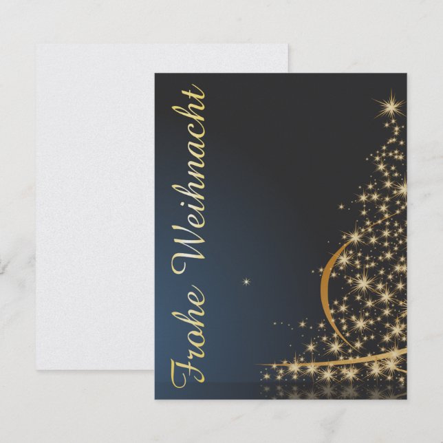 Blaues Weihnachtsmotiv mit goldenem Weihnachtsbaum Inbjudningar (Fram/baksida)
