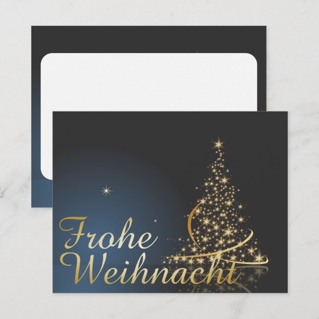Blaues Weihnachtsmotiv mit goldenem Weihnachtsbaum Inbjudningar (Fram/baksida)