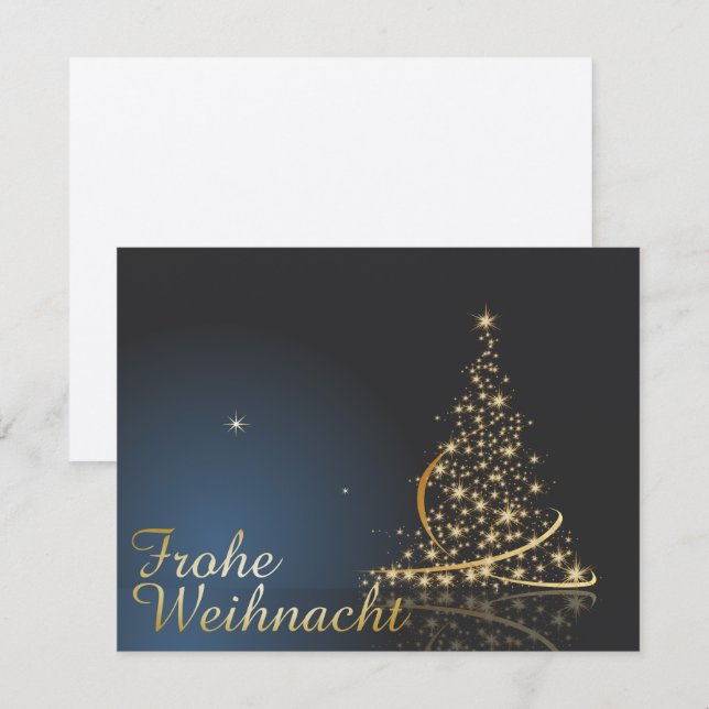 Blaues Weihnachtsmotiv mit goldenem Weihnachtsbaum Inbjudningar (Fram/baksida)