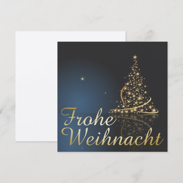 Blaues Weihnachtsmotiv mit goldenem Weihnachtsbaum Inbjudningar (Fram/baksida)