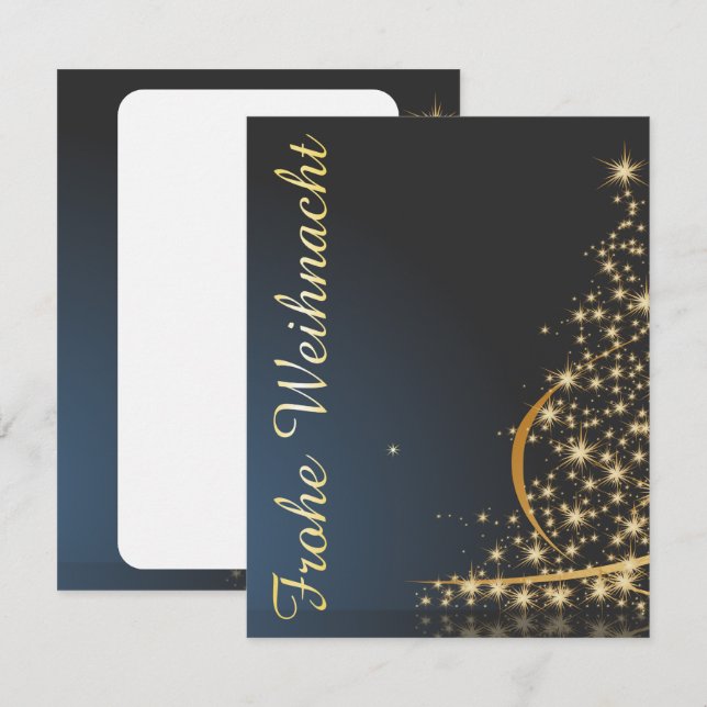 Blaues Weihnachtsmotiv mit goldenem Weihnachtsbaum Inbjudningar (Fram/baksida)