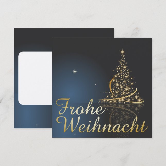 Blaues Weihnachtsmotiv mit goldenem Weihnachtsbaum Inbjudningar (Fram/baksida)