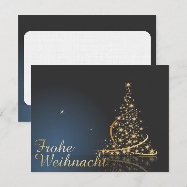 Blaues Weihnachtsmotiv mit goldenem Weihnachtsbaum Inbjudningar (Fram/baksida)