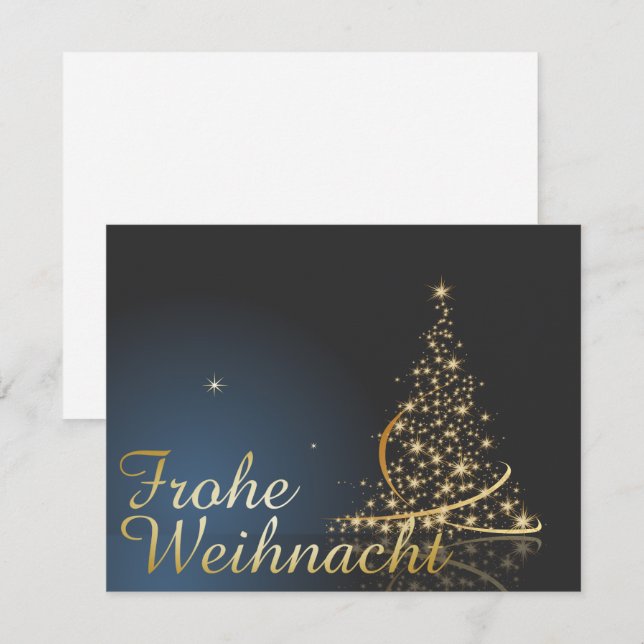 Blaues Weihnachtsmotiv mit goldenem Weihnachtsbaum Inbjudningar (Fram/baksida)