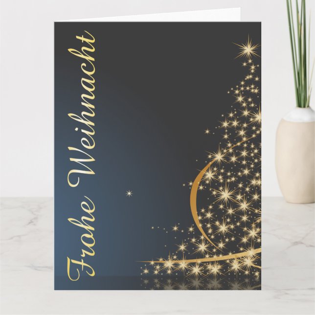 Blaues Weihnachtsmotiv mit goldenem Weihnachtsbaum Kort (Framsida)