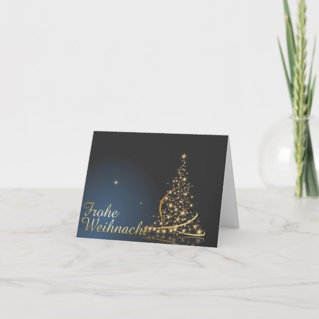 Blaues Weihnachtsmotiv mit goldenem Weihnachtsbaum Kort (Framsida)