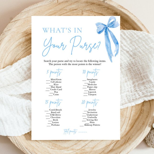 Blåvadå vad som finns i ditt spel för Möhippor Inbjudningar (Modern Watercolor Dusty Blue Bow What's In Your Purse Bridal Shower Game)