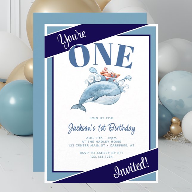 Blåval 1:a födelsedag Party Inbjudningar (Skapare uppladdad)