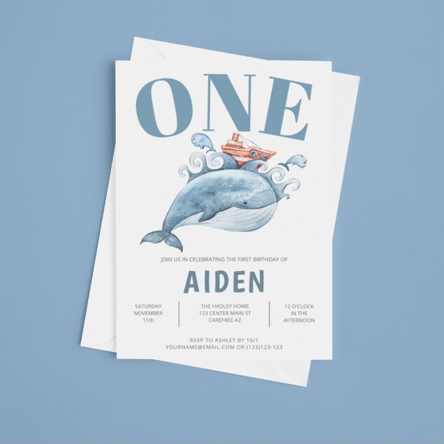 Blåval första Födelsedagsfest inbjudan (Skapare uppladdad)