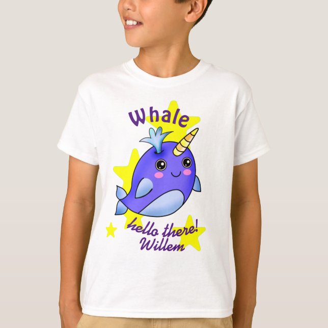 Blåval Hej där med Cute Gult Stars T Shirt (Framsida)