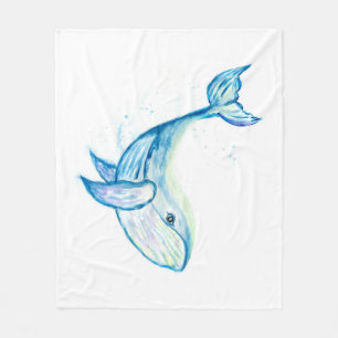 Blåval i vattenfärger fleecefilt