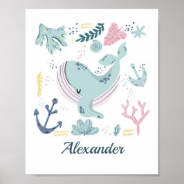 Blåval Sea Life Nursery Wall Art Baby Gift Poster