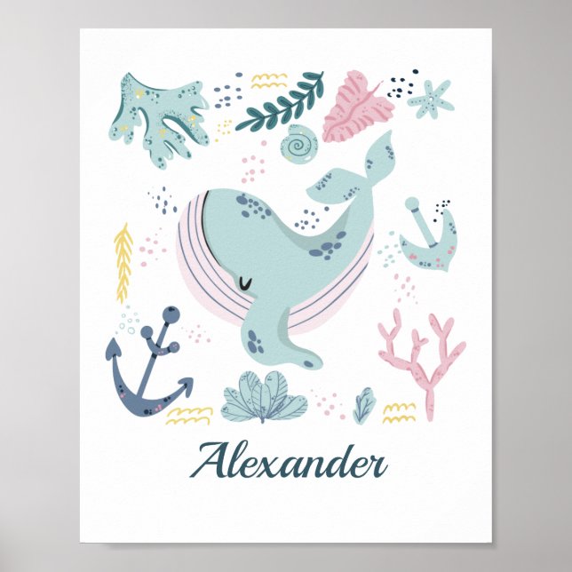 Blåval Sea Life Nursery Wall Art Baby Gift Poster (Framsidan)
