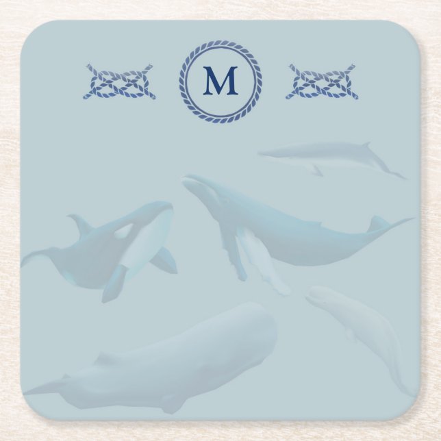 Blåvalar med Monogram Underlägg Papper Kvadrat (Framsidan)