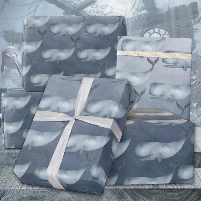 Blåvalar under djupa blåhavsfärgen presentpapper (Blue Whales Under The Deep Blue Ocean Watercolor Kids & Adults Gift Wrapping Paper Rolls)