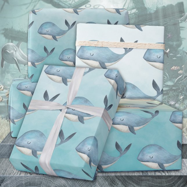 Blåvalar under Karibiska blåhavet Presentpapper (Baby Blue Whales Under The Deep Blue Sea Kids Gift Wrapping Paper Rolls)